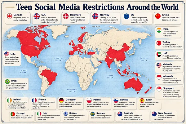 Teen social media restrictions map