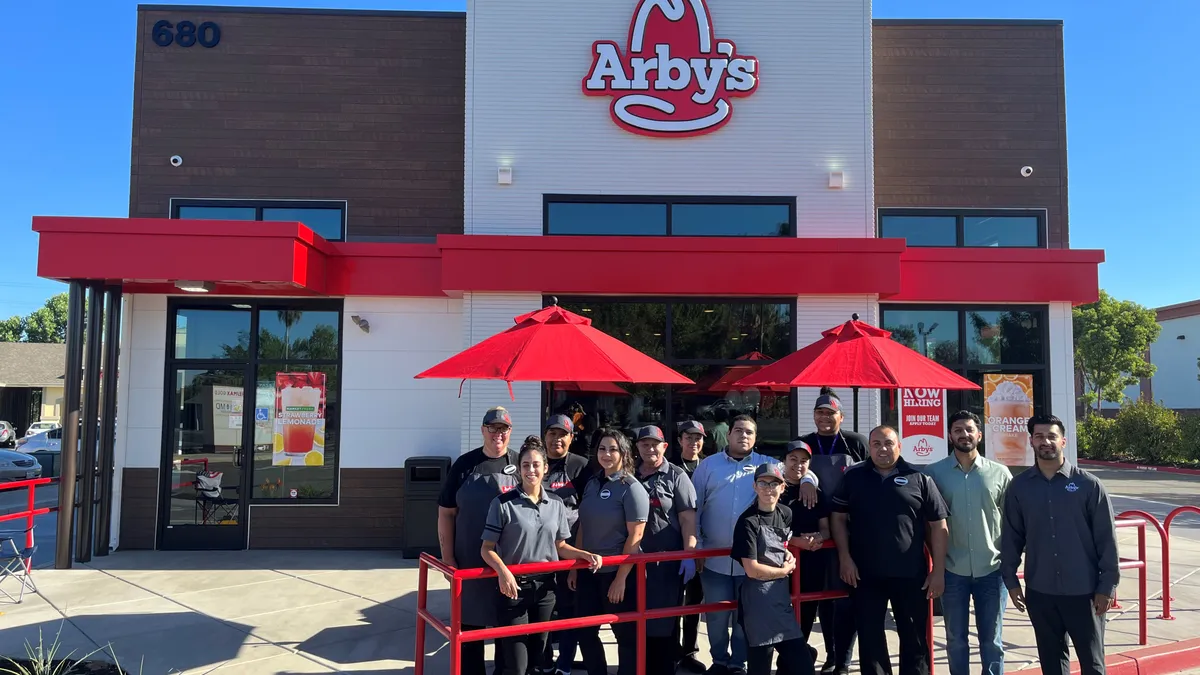 An Arby's location featuring a double drive-thru operated by Kang Foods LLC in Oroville, California in the summer of 2022.