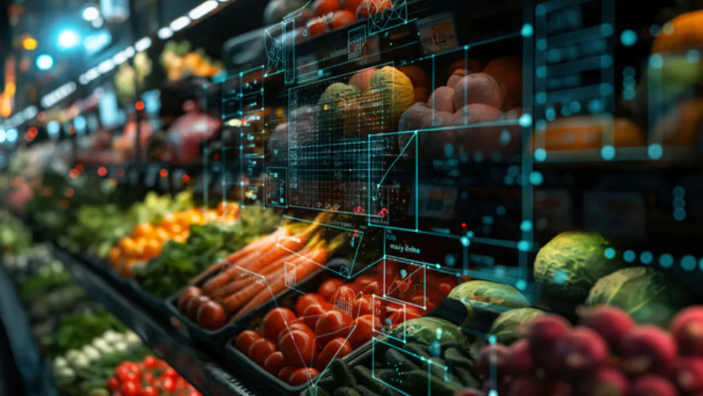 Fresh produce aisle enhanced with digital shelf analytics and data overlays.