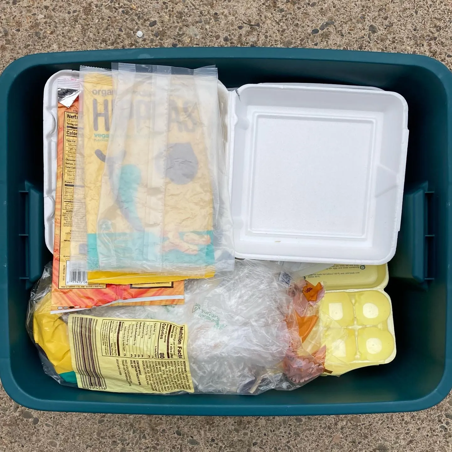 Bin of plastic packaging