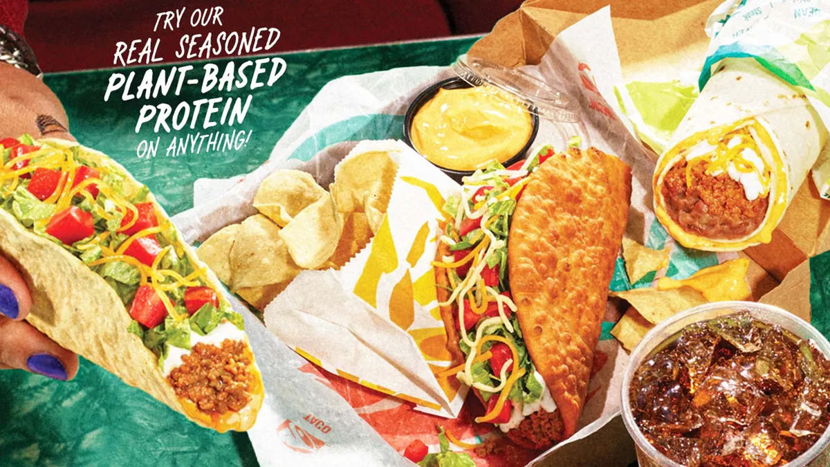 A marketing image featuring several Taco Bell products with the company's new plant-based protein blend.