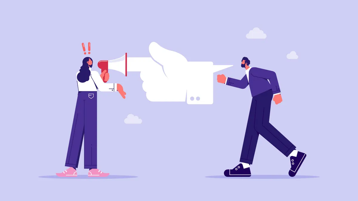 An illustration of one person plugging another's megaphone.