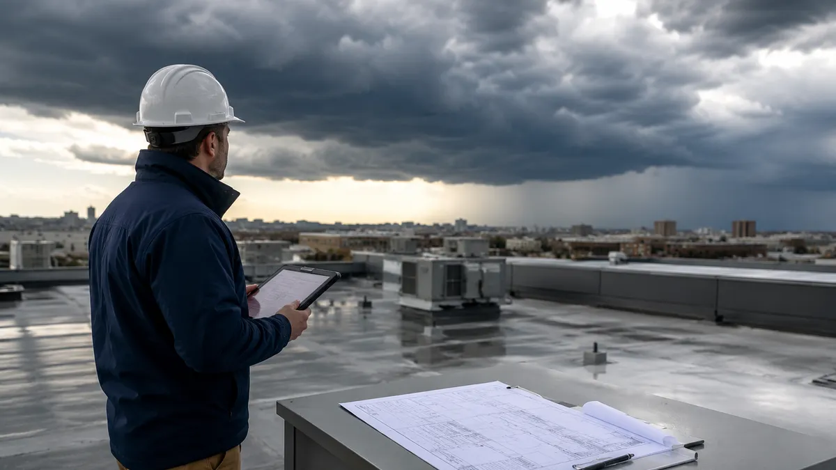 A contractor on a big roof looking over a cloudy sky