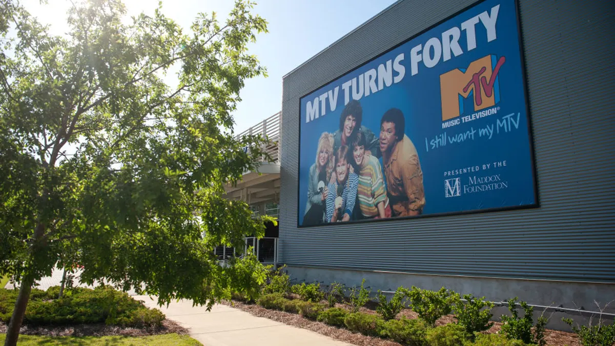 A sign celebrates the MTV Exhibit at the GRAMMY Museum