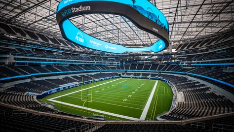 Interior of football stadium with large, ring-shaped video board.