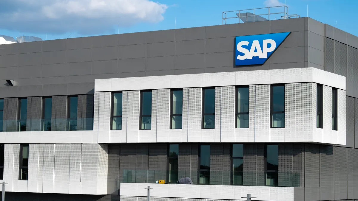 SAP logo displayed on an office building in Walldorf, Germany on July 29, 2024.