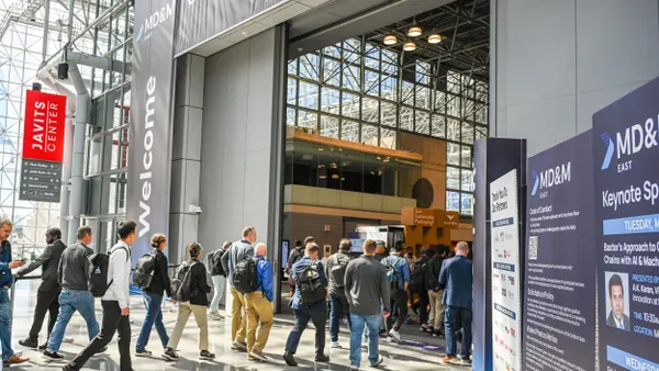 Attendees arrive at the MD&M East manufacturing conference at the Javits Center in New York City in 2025.