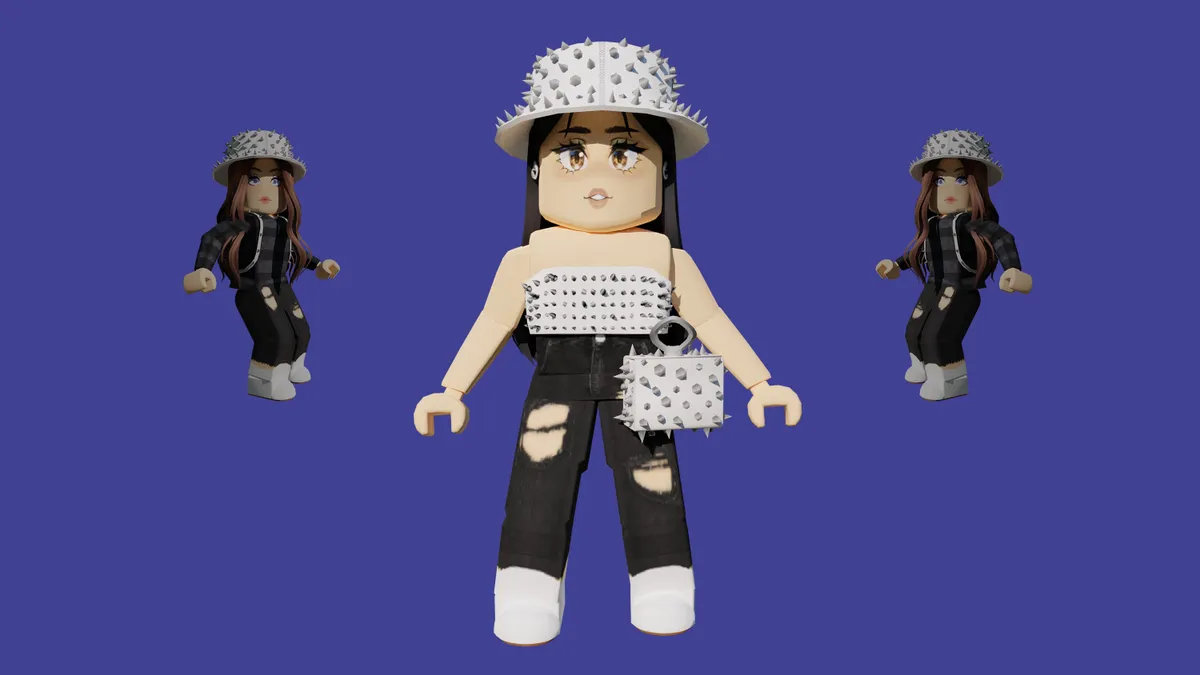 A Roblox character wears G Lock stud earrings that digital fashion designer Samuel Jordan created for Rebecca Minkoff’s new virtual collection.