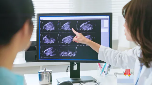 A person in a white coat points to an ultrasound image as another looks on.