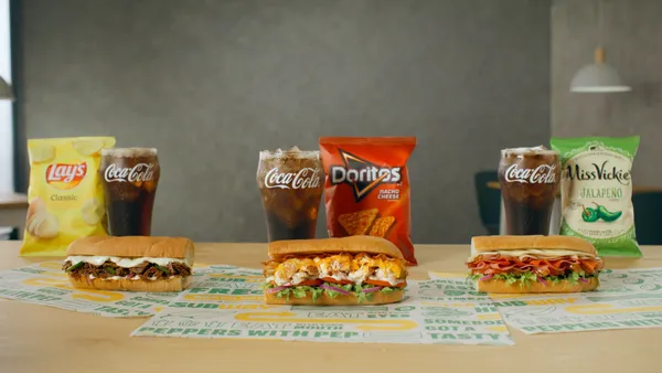 Three versions of Subway's value meal, each consisting of a six-inch sub, small drink and sides.