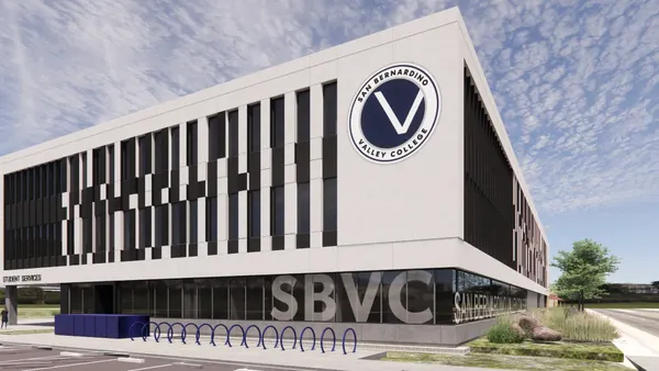 A rendering of a square building, gray stone, amid a generated blue sky backdrop.