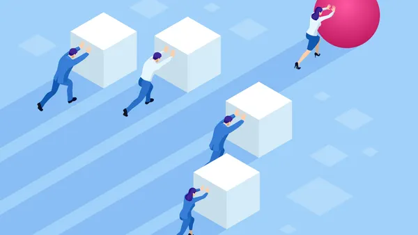 Isometric Business people pushing cubes.