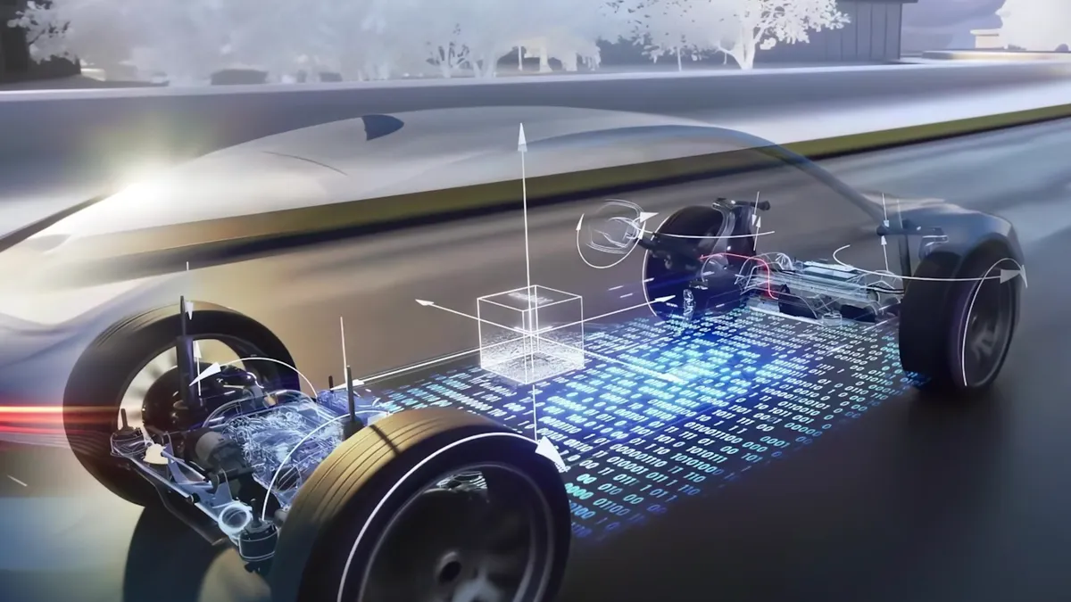 A graphic showing binary numbers representing how data moves throughout a software-based vehicle.