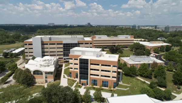 Aerial view of university buildings.