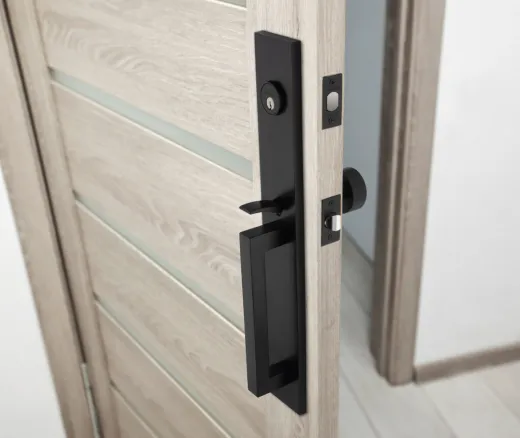 A black door handle on a white wood door.