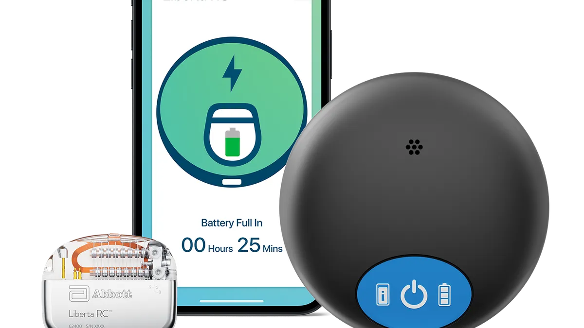 A rounded, metal device says "Liberta RC," next to a phone screen showing a battery life and a round, black device with a power button.