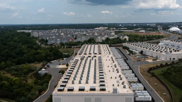 An aerial view of an Amazon Web Services AWS data center in Ashburn, Virginia.