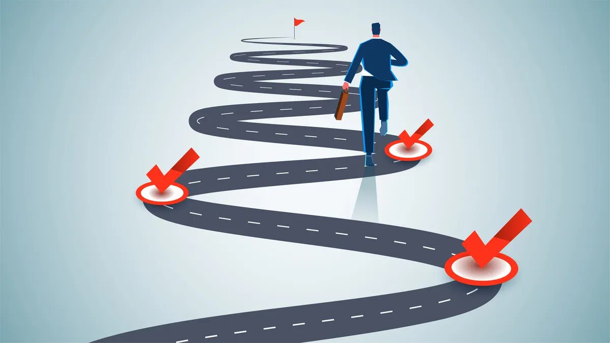 Business person running around corners and reaching goals one by one.