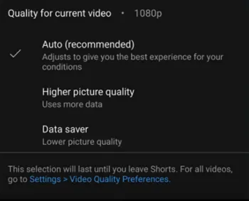 YouTube Shorts video quality setting