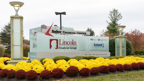 Lincoln Financial sign is pictured at the company's branch office in Radnor, Pennsylvania on November 4, 2023.