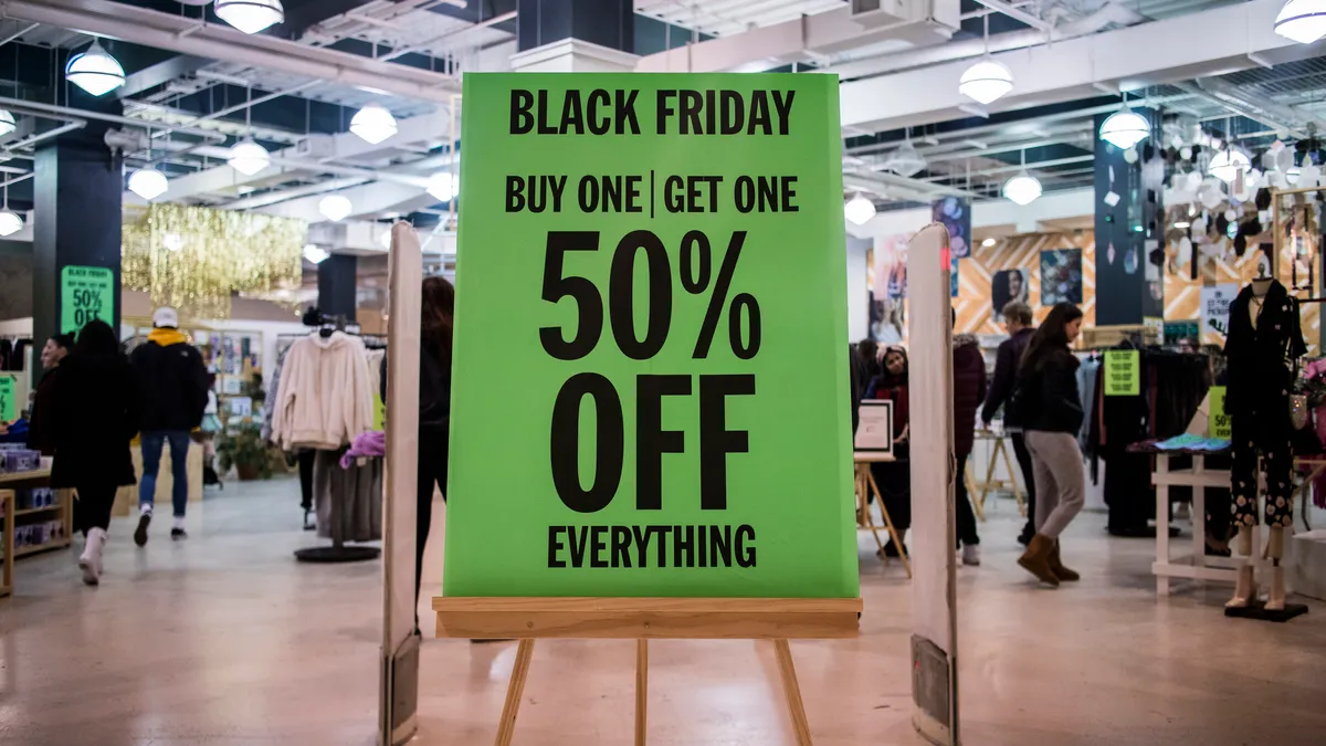 A Black Friday sale sign at Urban Outfitters in the Mall of America on November 24, 2017 in Bloomington, Minnesota.