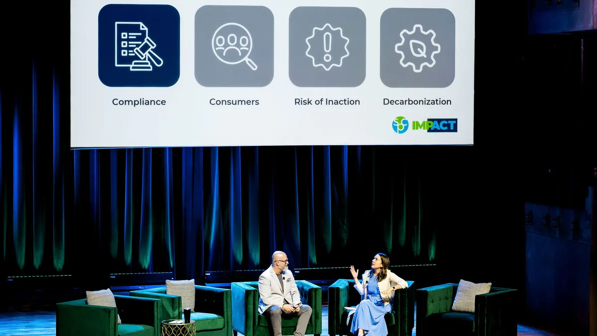 GreenBlue Executive Director Paul Nowak and SPC Director Olga Kachook sit on stage at SPC Impact with a presentation in the background