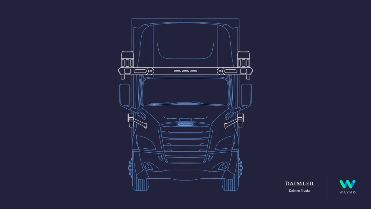 A sketch of a Daimler Freightliner Cascadia enabled by Waymo self-driving technology