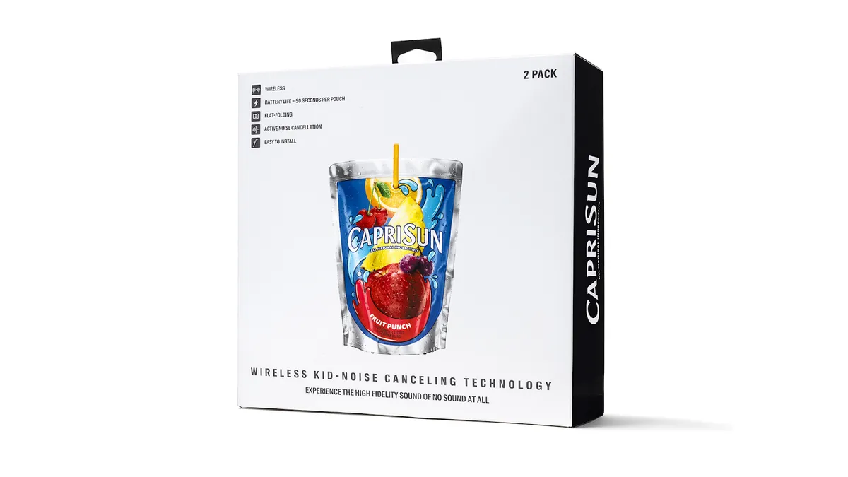 A package of Capri Sun meant to look like noise canceling headphones against a white background.