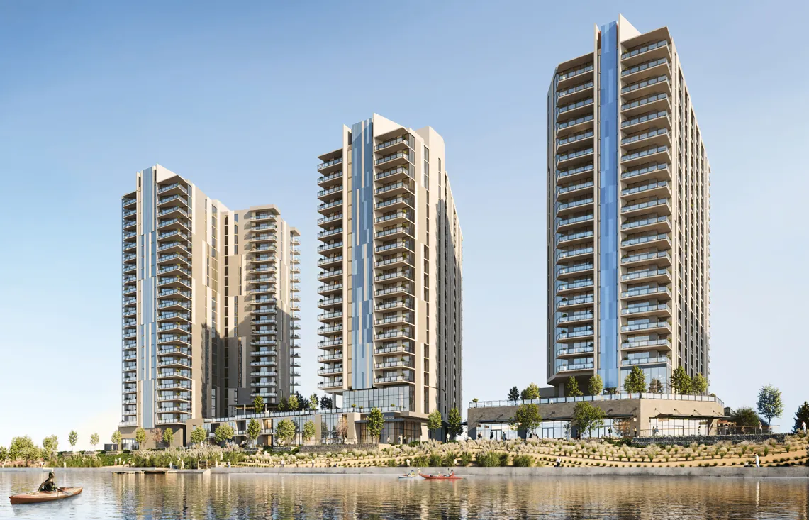 A rendering of three gray high-rise buildings on a waterfront.