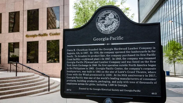 A historical marker gives background on the Georgia-Pacific Center, the corporate headquarters for Georgia-Pacific.