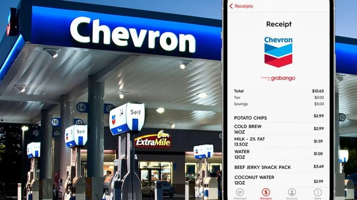 A photo of a Chevron ExtraMile store with a phone displaying a Grabango receipt superimposed on top.