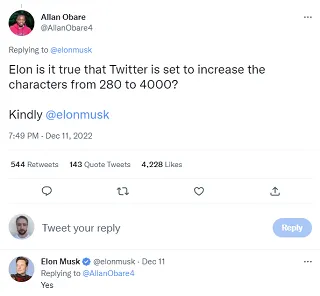 Tweet from Elon Musk
