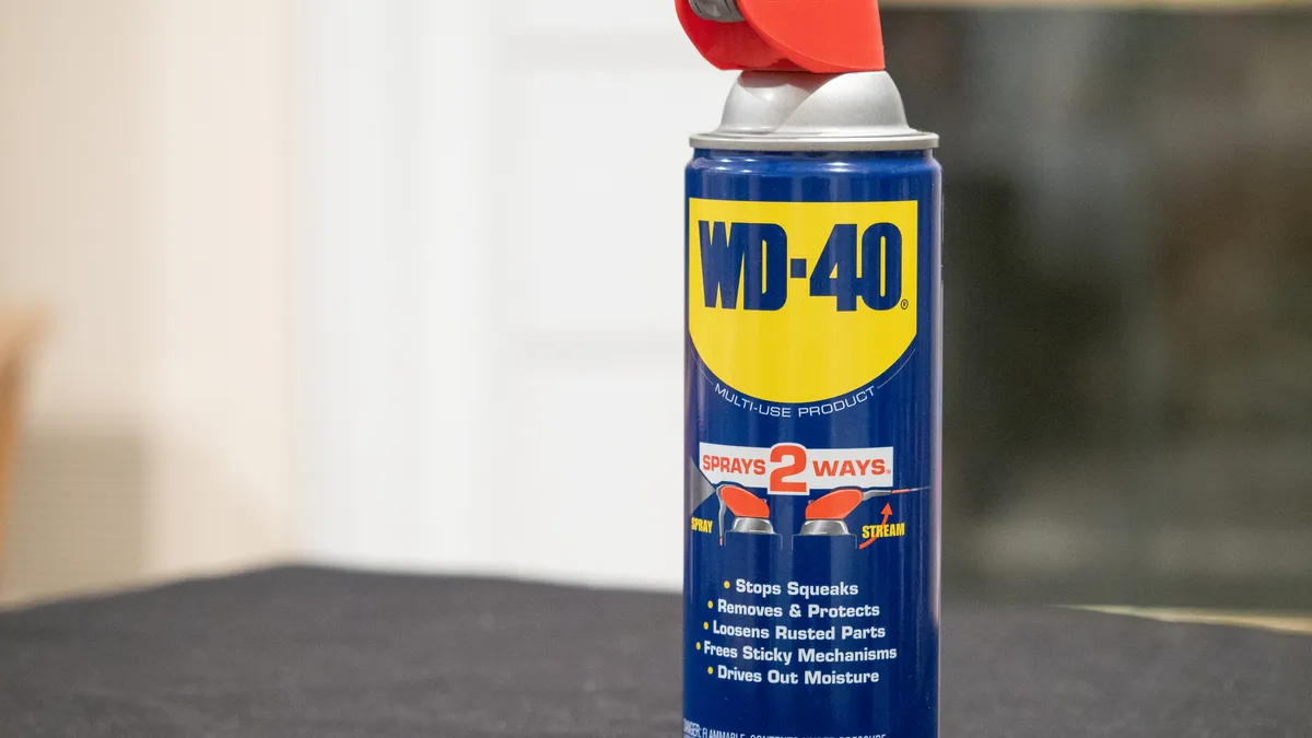 A can of WD-40 lubricant on a table