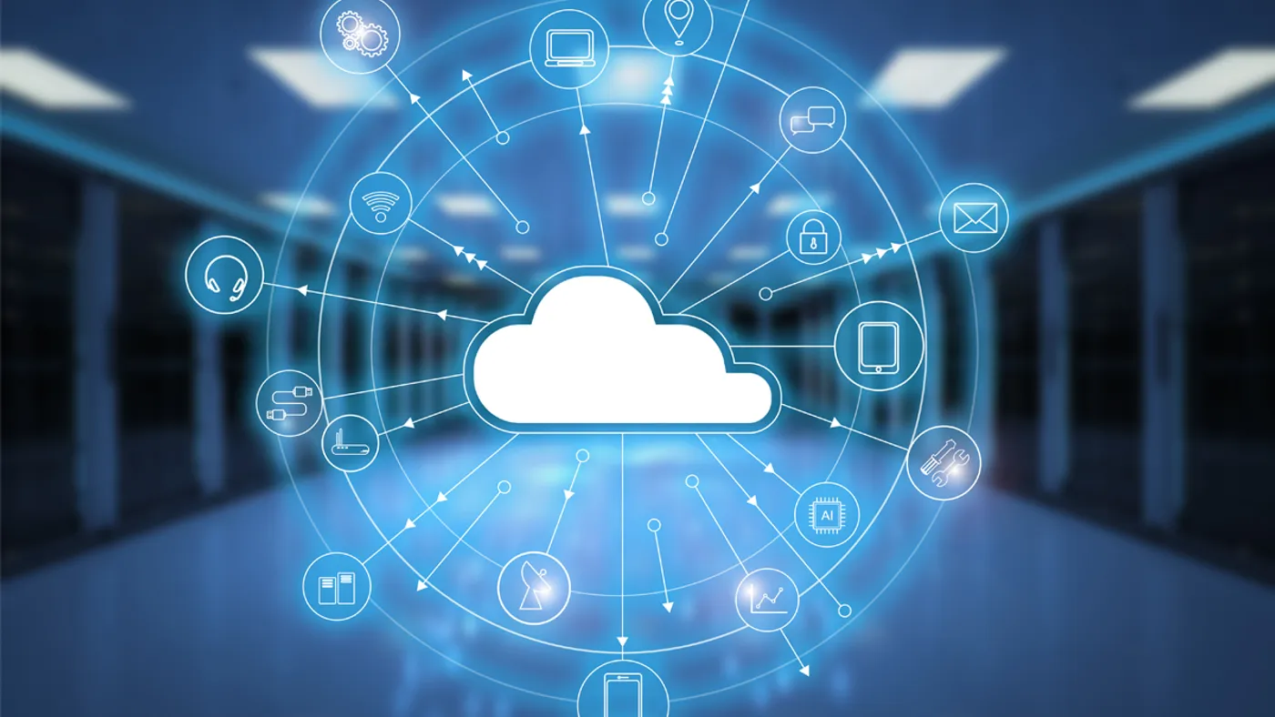 A large cloud icon with smaller tech icons connected to the cloud icon