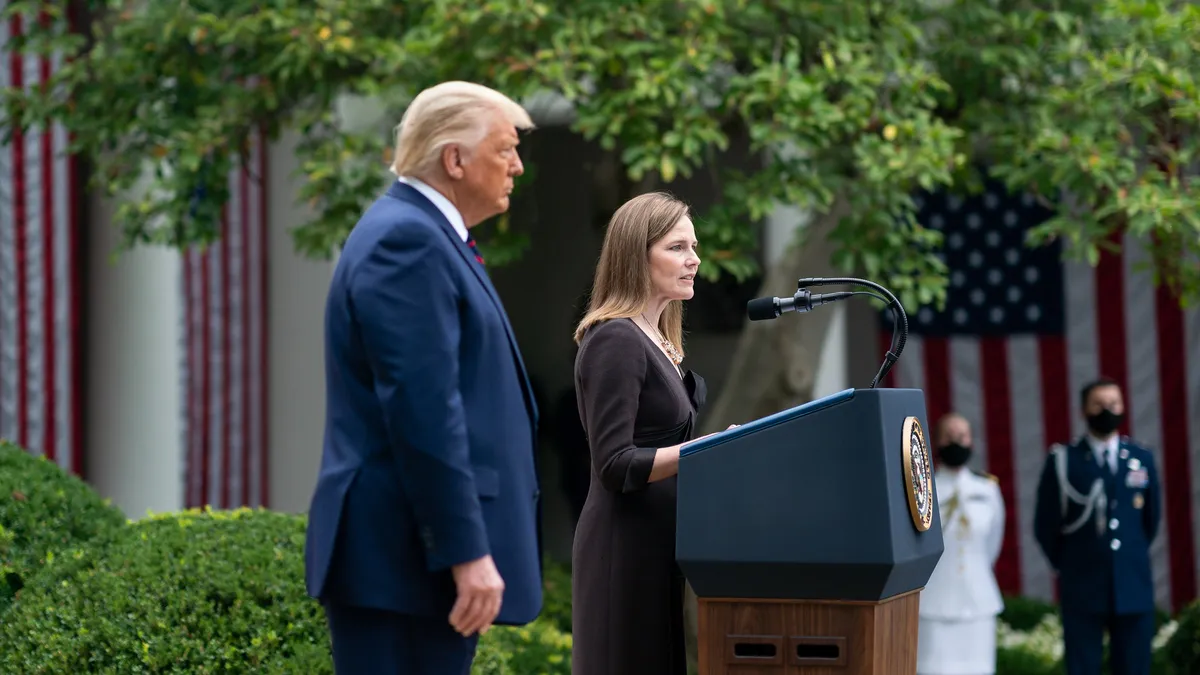 Judge Amy Coney Barrett delivers remarks after President Donald J. Trump announced her as his nominee for Associate Justice of the Supreme Court of the United States Saturday, Sept. 26, 2020, in the R