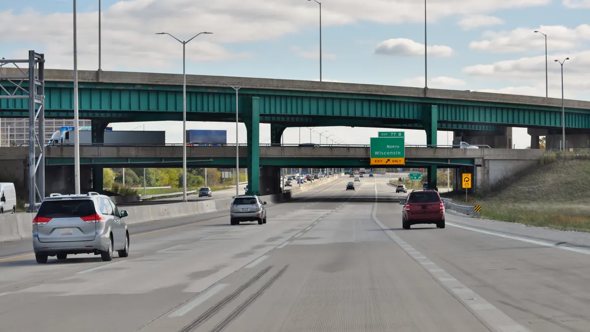Interstate 90 near Chicago's O'Hare airport shows passenger traffic and brake marks.