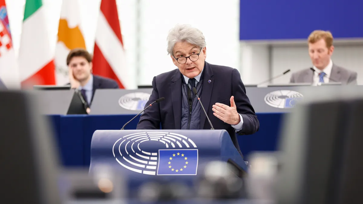 Thierry Breton, internal market commissioner of the European Union, speaks during the European Parliament's plenary session on the Artificial Intelligence Act in Strasburg, France on March 13, 2024.