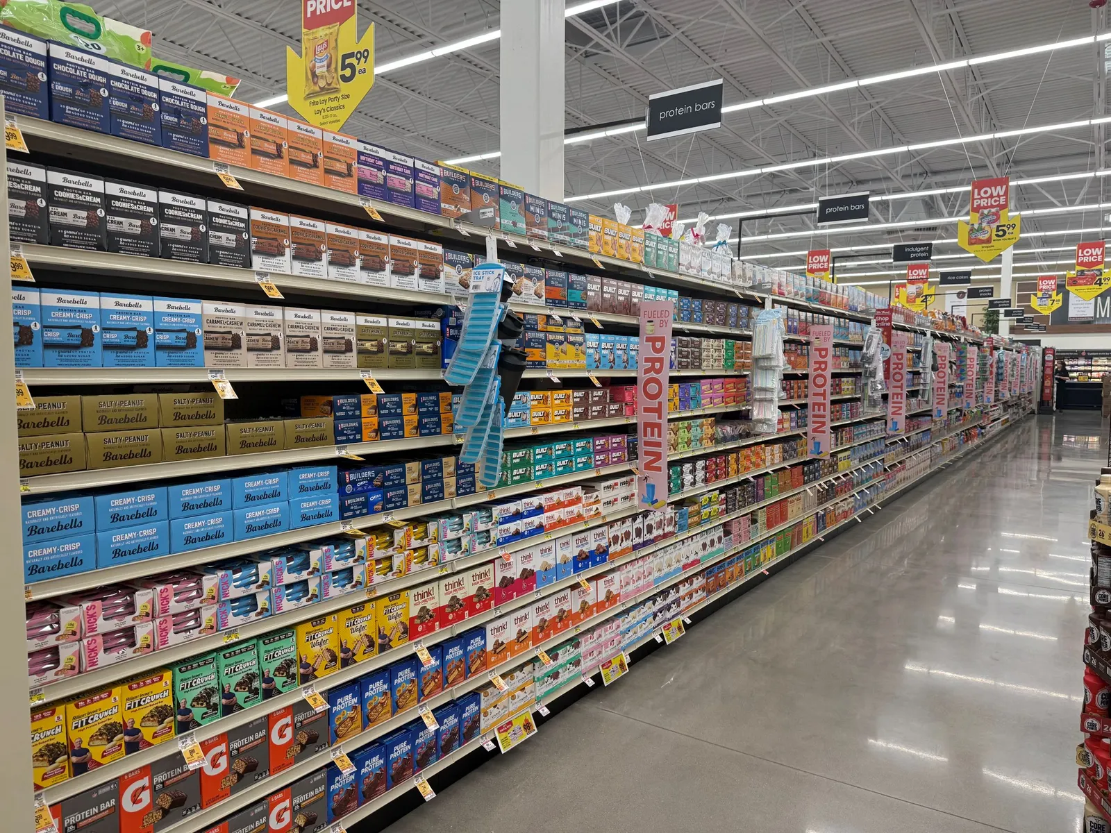 Seventy-two foot protein and nutrition aisle in a grocery store