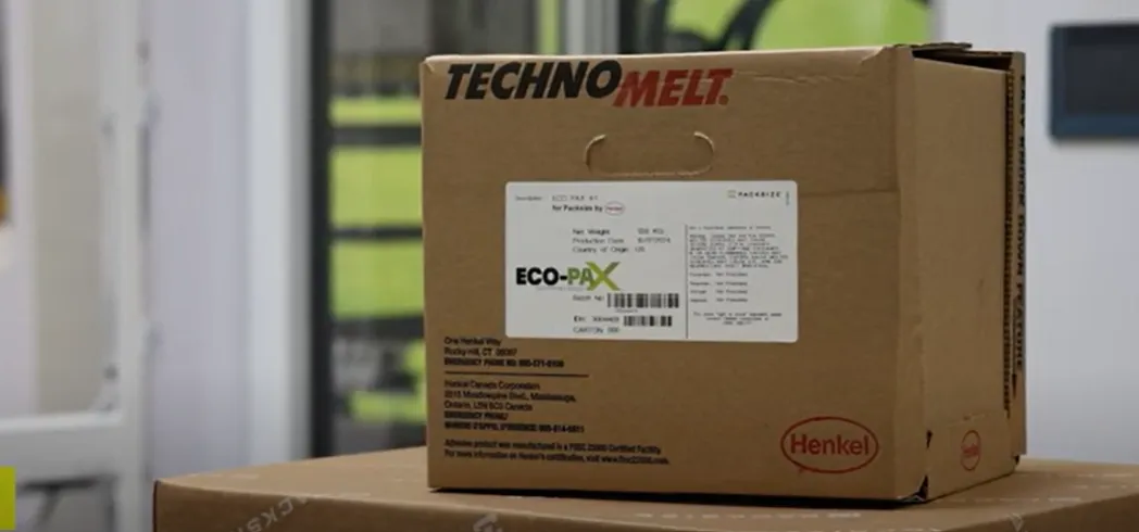 A Henkel box that says &quot;Technomelt&quot; and &quot;Eco-Pax&quot; atop a Packsize box