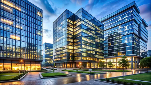 A modern office complex with glass facades illuminated at dusk. The scene conveys a sense of innovation and activity under a vibrant, cloudy sky.
