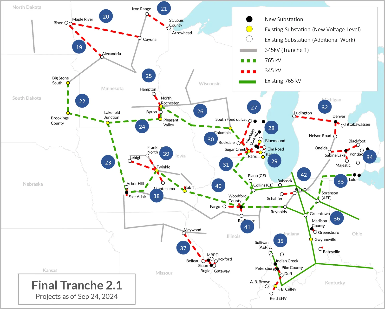 A map of the Midcontinent Independent System Operator&#x27;s Tranche 2 transmission expansion proposal.