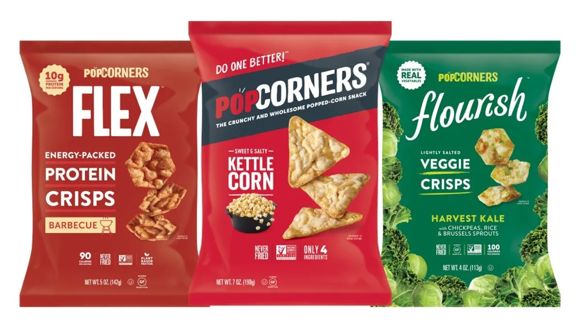 A photo of three bags of PopCorners branded corn snacks against a white backgrounds. The bags are for Flex protein crisps, kettle corn and veggie crisps snacks.