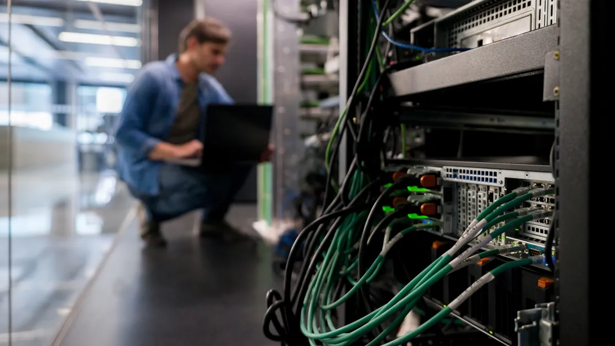 Computer technician fixing a network server at a corporate office building