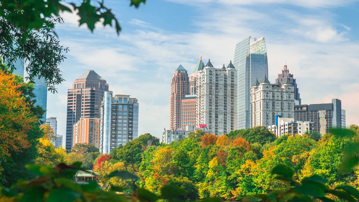 Landscape shot with trees in the foreground and a downtown skyline in the background