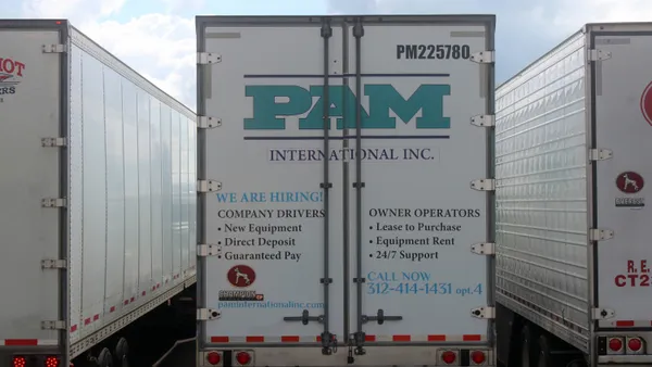 A PAM International trailer at a truck parking lot in western Maryland in May 2024.