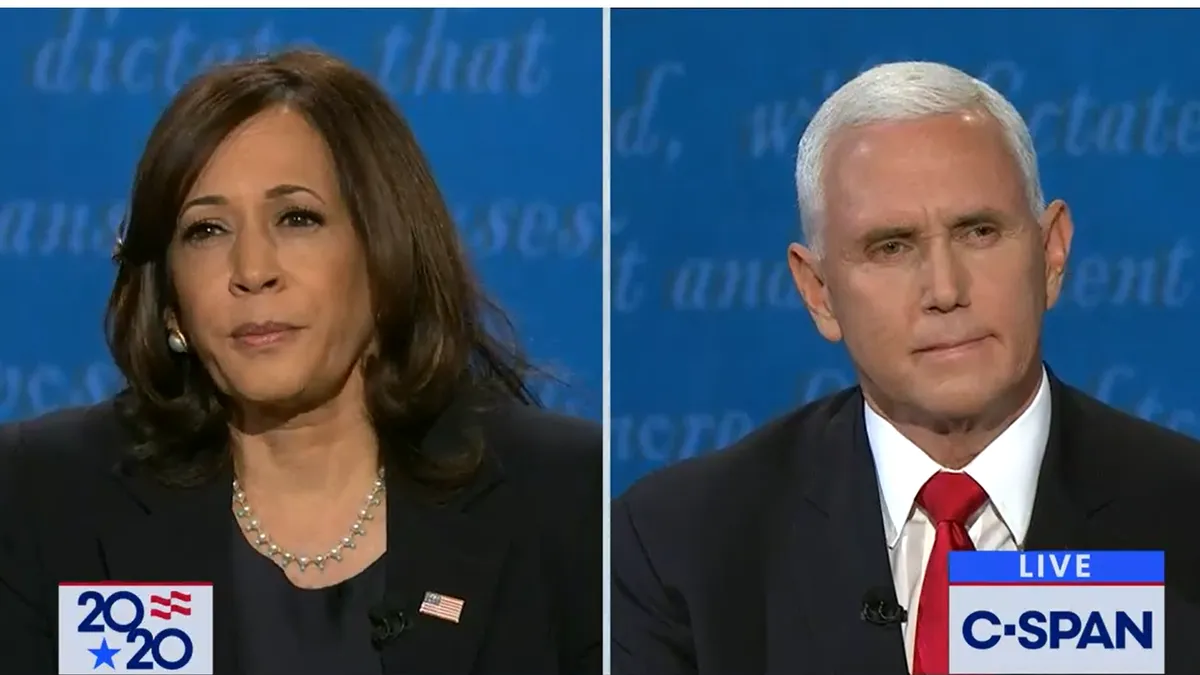 Kamala Harris and Mike Pence during the 2020 election vice presidential debate, held Oct. 7.