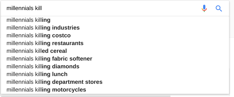 A Google search that shows various responses to "Millennials kill"