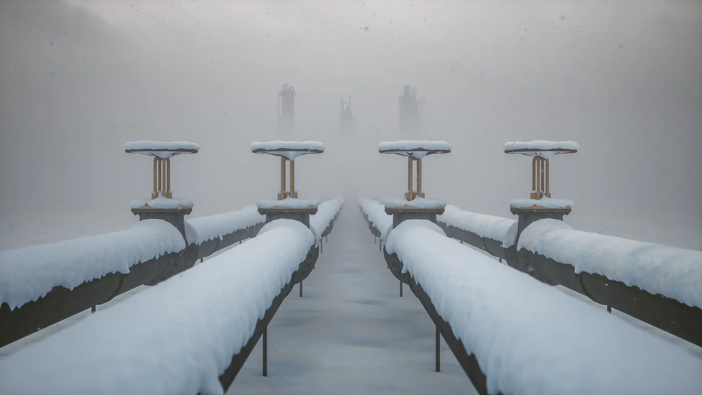 Four pipelines covered in snow.
