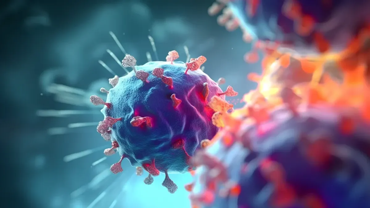 Virus cells under a microscope.
