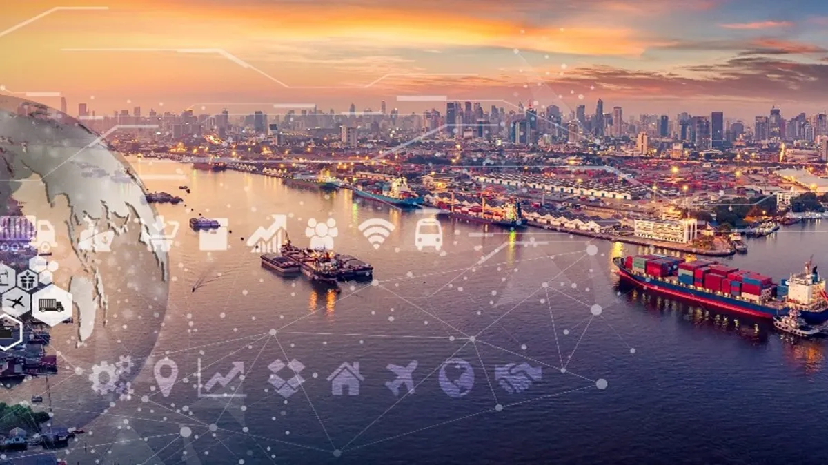 Metropolitan city skyline on the water with cargo ships passing by and abstract globe illustration overlay.